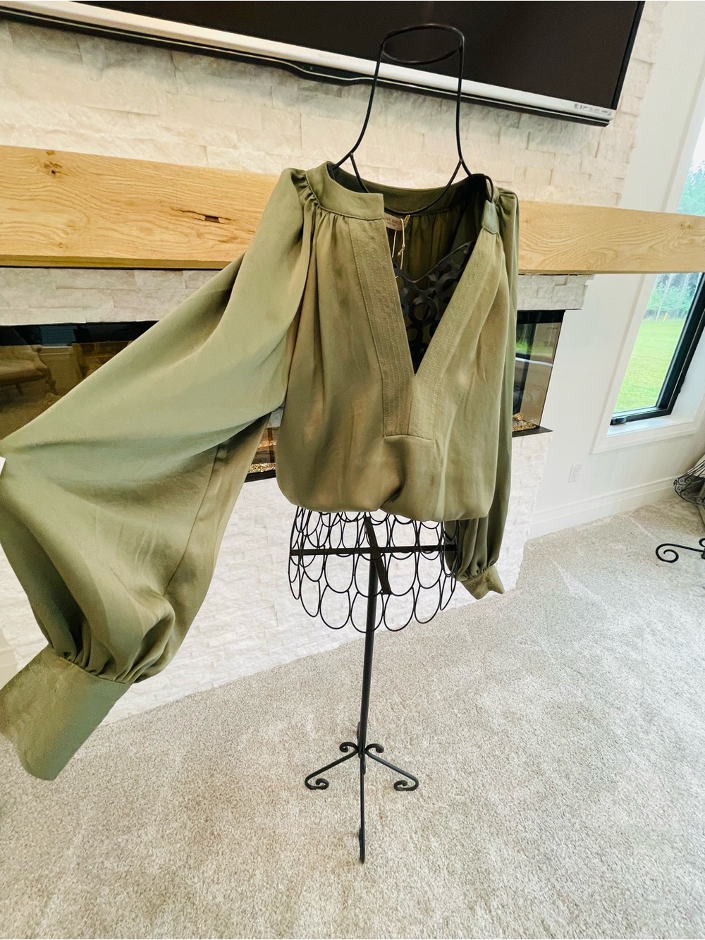 Ramy Brook Olive Green V-Neck Balloon Sleeve Blouse